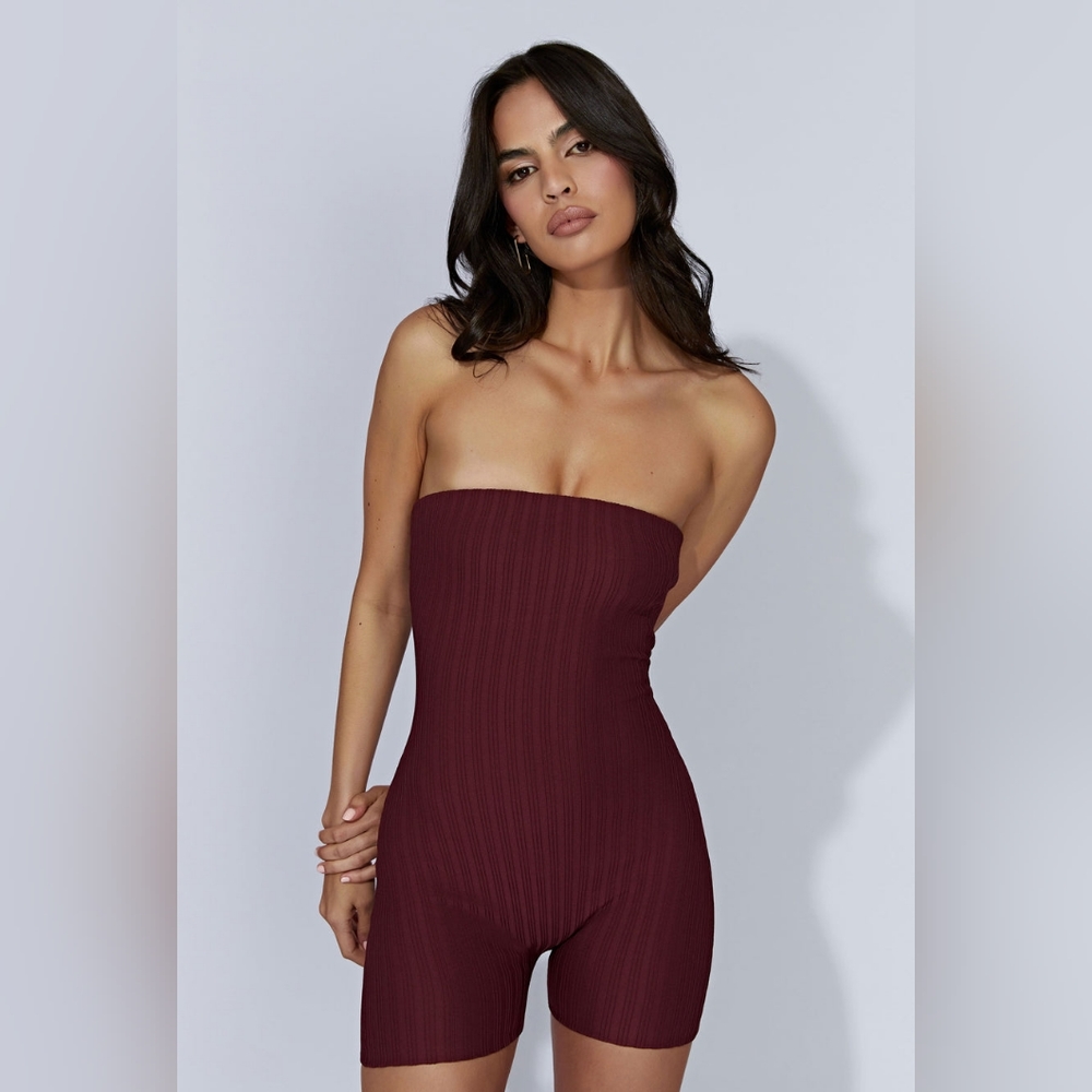 Meshki Strapless Ribbed Maroon Romper